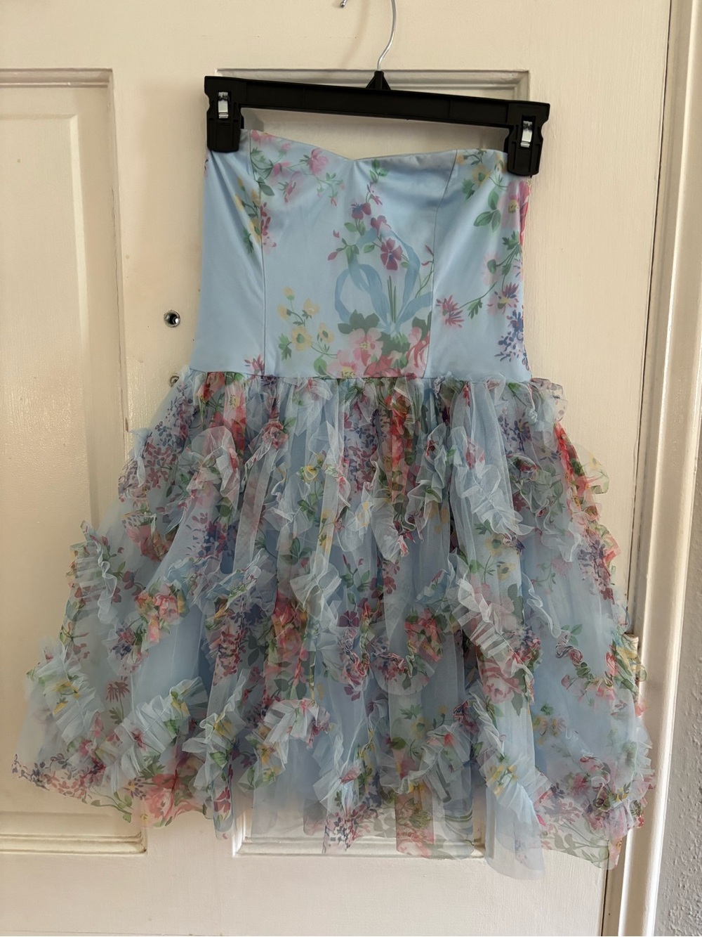 Lulus Blue Floral Strapless Sweetheart Mini Dress XS Tulle Ruffle Lined Zip